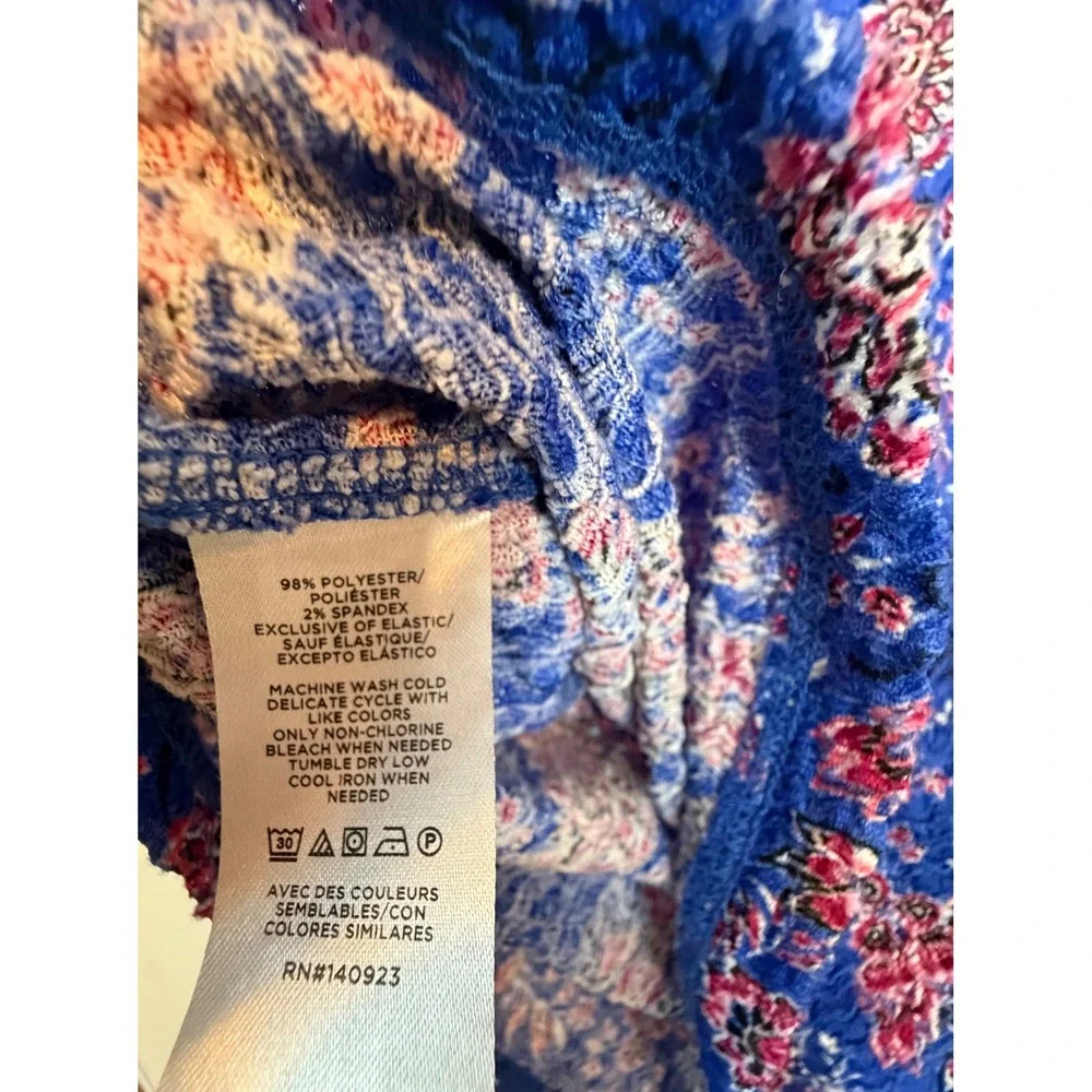 LOFT Women Blue Floral V-Neck Puff Ruched Sleeve Crinkle Blouse Top •L• Romantic